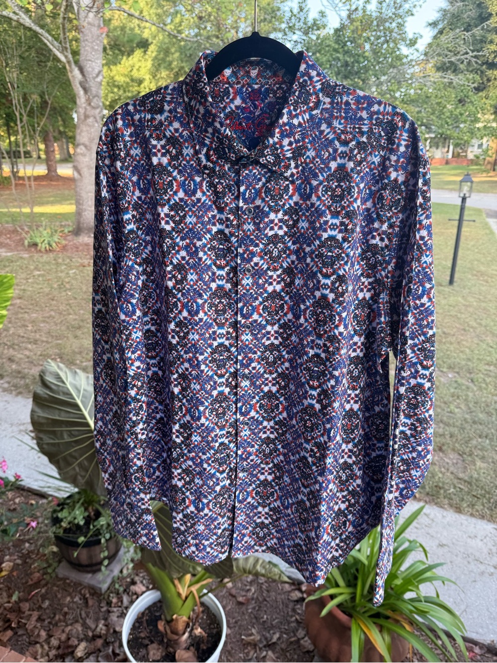 Robert Graham Navy and Red Geometric Print Dress Shirt